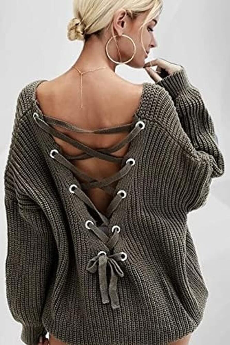 Oversized Lace Up Knit Pullover Sweater XL